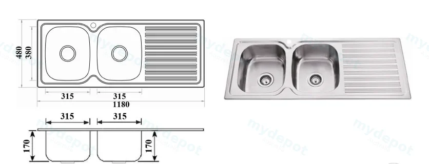 Eden Double Bowl & Single Drainer 1180 x 480 x 170mm(304 Stainless Steel) view 2