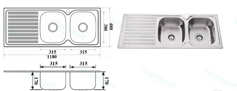 Eden Double Bowl & Single Drainer 1180 x 480 x 170mm(304 Stainless Steel) view 2