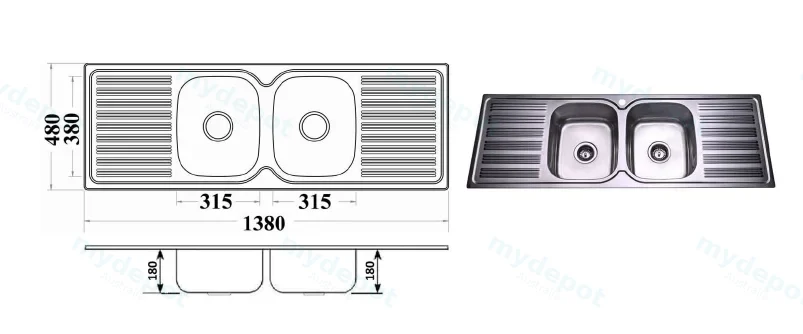Eden Double Bowl & Double Drainer 1380 x 480 x 180mm(304 Stainless Steel) view 2