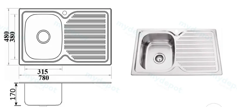Eden Single Bowl & Single Drainer 780 x 480 x 170mm(304 Stainless Steel) view 2
