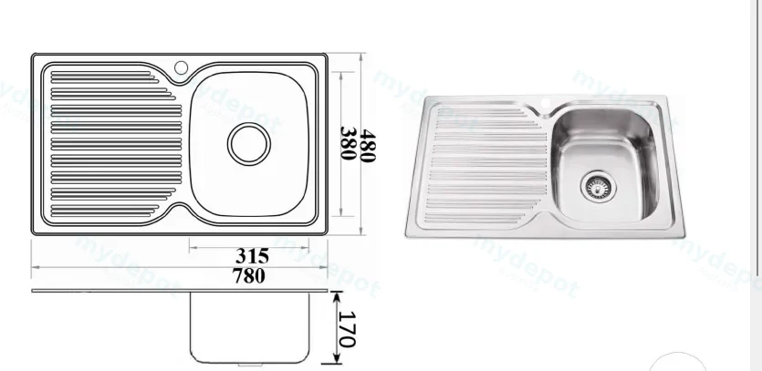 Eden Single Bowl & Single Drainer 780 x 480 x 170mm(304 Stainless Steel) view 2