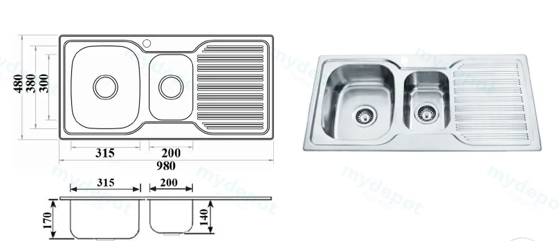Eden 1 & 1/4 Bowl & Single Drainer 980 x 480 x 170mm(304 Stainless Steel) view 2