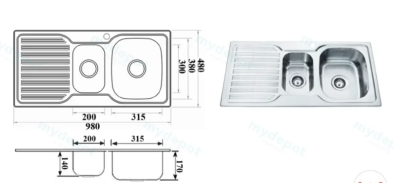 Eden 1 & 1/4 Bowl & Single Drainer 980 x 480 x 170mm(304 Stainless Steel) view 2
