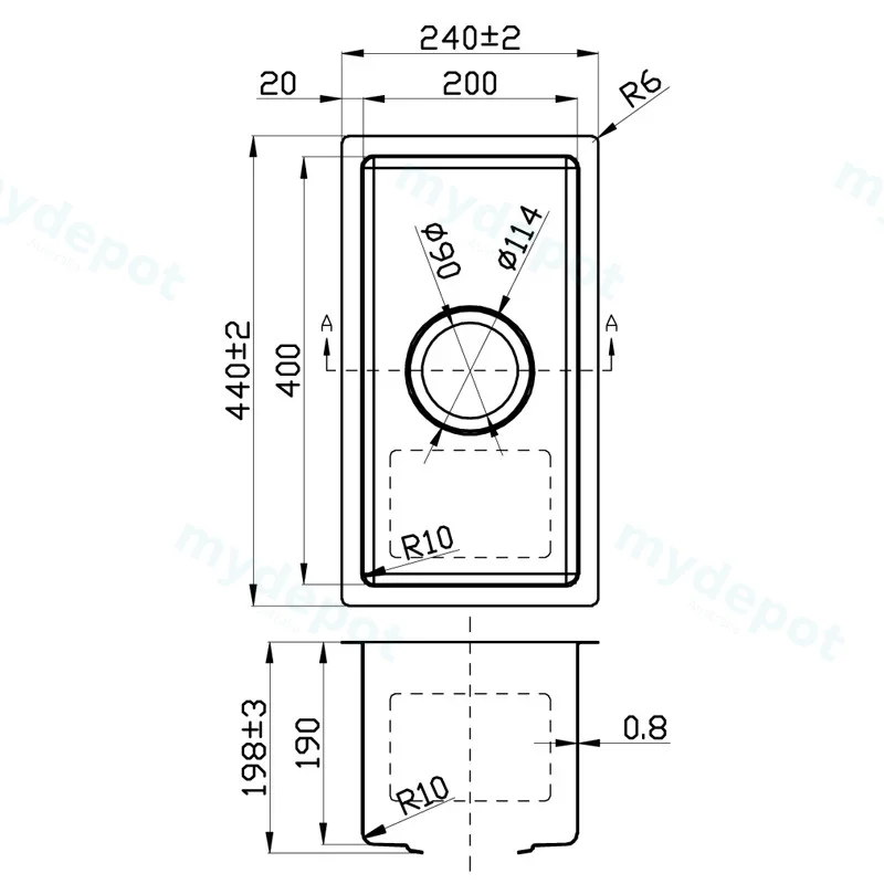 New Cora Above / Undermount Sink 240 x 440 x 200mm(304 Stainless Steel) view 2