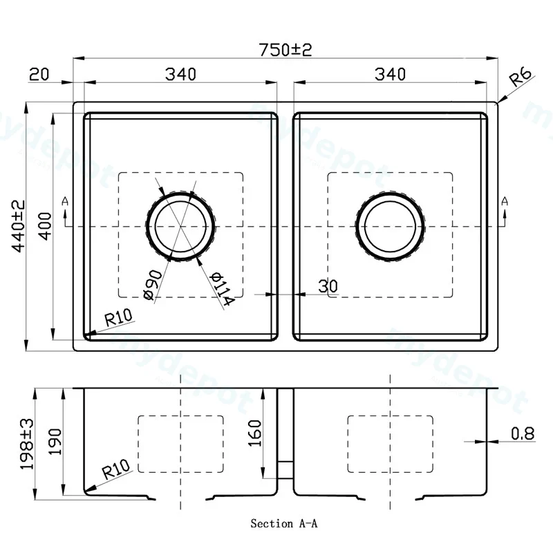 New Cora Above / Undermount Sink 750 x 440 x 200mm(304 Stainless Steel) view 2