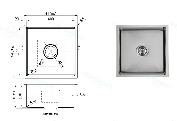 New Cora Above / Undermount Sink 440 x 440 x 200mm(304 Stainless Steel) view 2