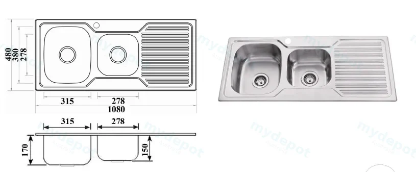 Eden 1 & 3/4 Bowl Single Drainer Sink 1080x480x170mm Left Hand Bowl(304 Stainless Steel) view 2