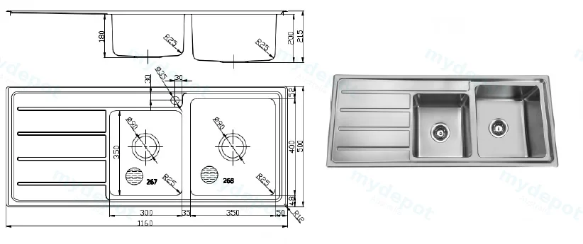 Seto 1 & 3/4 Bowl Single Drainer Sink 1160x500x215mm Right Hand Bowl(304 Stainless Steel) view 2