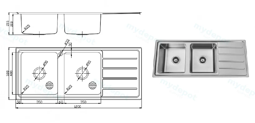 Seto Double Bowl Single Drainer Sink 1200x500x200mm Left Hand Bowl (304 Stainless Steel） view 2