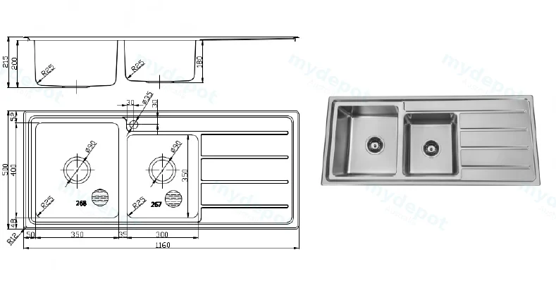 Seto 1 & 3/4 Bowl Single Drainer Sink 1160x500x215mm Left Hand Bowl(304 Stainless Steel) view 2