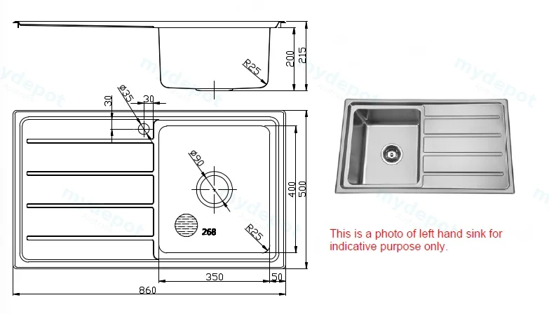 Seto Single Bowl Single Drainer Sink 860x500x215mm Right Hand Bowl(304 Stainless Steel) view 2