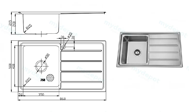 Seto Single Bowl Single Drainer Sink 860x500x215mm Left Hand Bowl(304 Stainless Steel) view 2