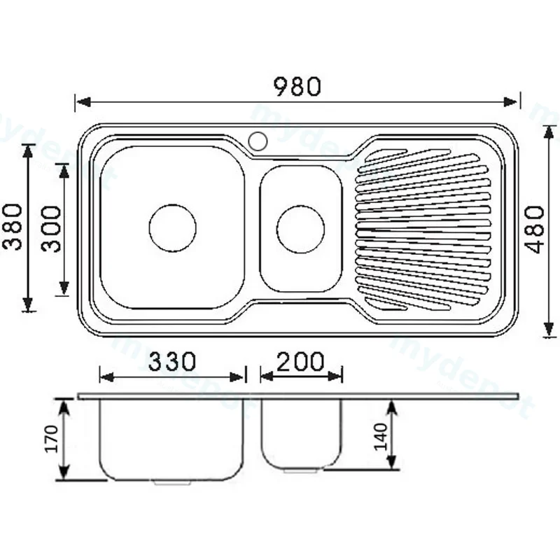 Cora 1 & 1/2 Bowl Single Drainer Sink 980x480 x 170mm Left Hand Bowl(304 Stainless Steel) view 2