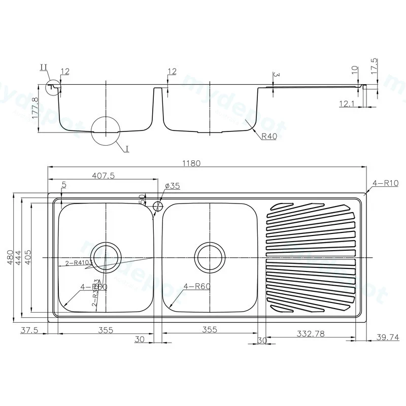 Otus Double Bowl & Single Drainer Sink Abovemount One Tap Hole Left Hand Bowl 1180 x 480 x178mm(304 Stainless Steel) view 2