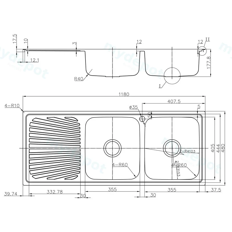Otus Double Bowl & Single Drainer Sink Abovemount One Tap Hole Right Hand Bowl 1180 x 480 x178mm(304 Stainless Steel) view 2