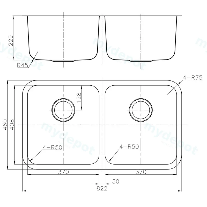 Otus Double Bowl Undermount Sink No Tap Hole 822 x 460 x 230mm(304 Stainless Steel) view 2