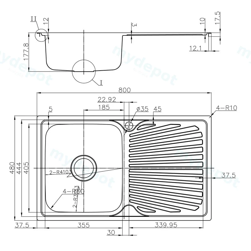 Otus Single Bowl & Single Drainer Sink Abovemount One Tap Hole Left Hand Bowl 800 x 480 x 178mm(304 Stainless Steel) view 2