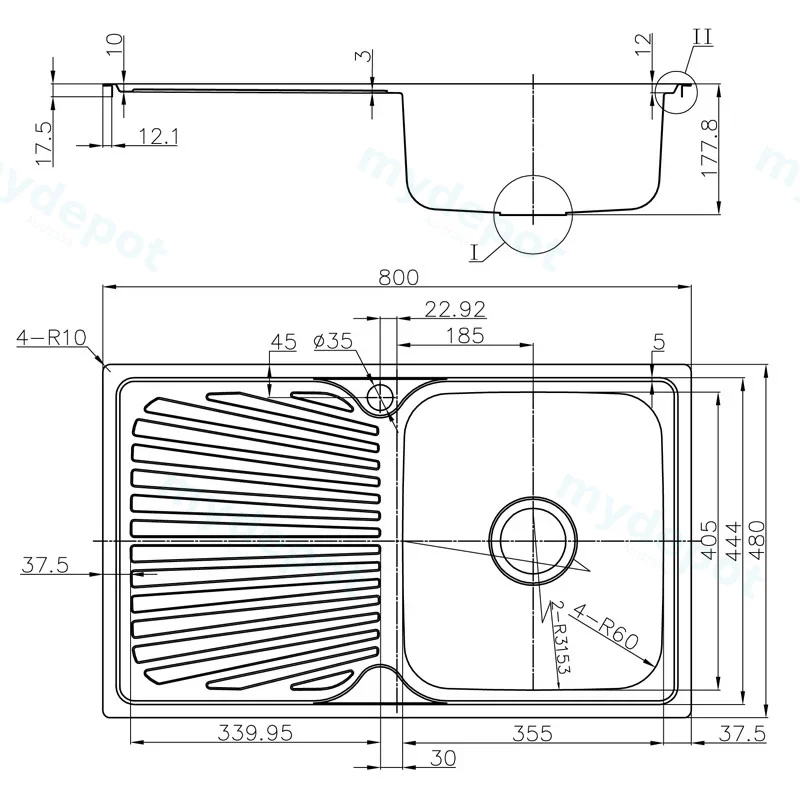 Otus Single Bowl & Single Drainer Sink Abovemount One Tap Hole Right Hand Bowl 800 x 480 x 178mm(304 Stainless Steel) view 2