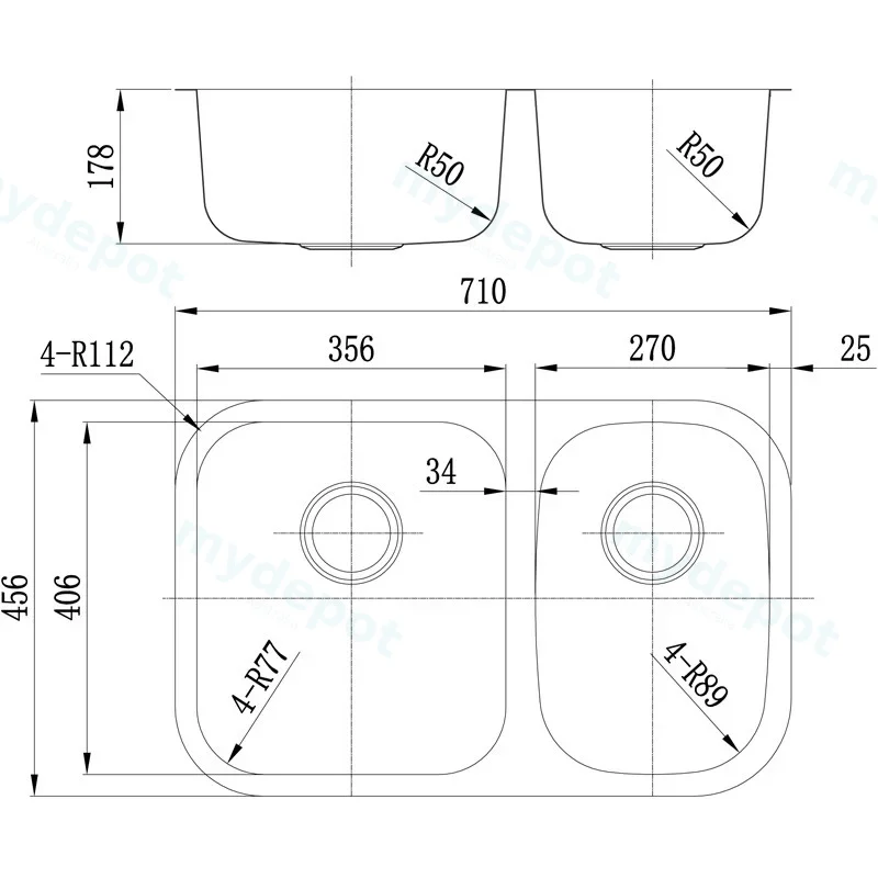 Otus 1 & 1/2 Bowl Undermount Sink Undermount No Tap Hole 710 x 456 x 178mm(304 Stainless Steel) view 2