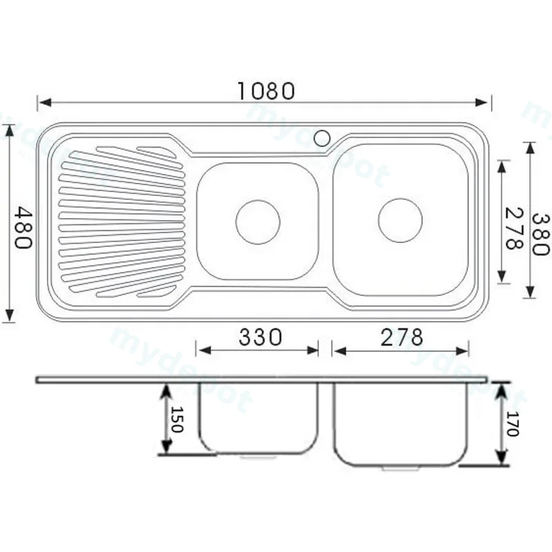 Cora 1 & 3/4 Bowl Single Drainer Sink Abovemount One Tap Hole Right Hand Bowl 1080 x 480 x 170mm(304 Stainless Steel) view 2
