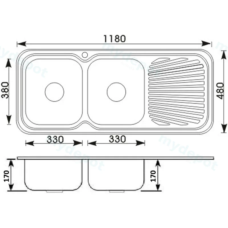Cora Double Bowl Single Drainer Sink Abovemount One Tap Hole Left Hand Bowl 1180 x 480 x 170mm(304 Stainless Steel) view 2