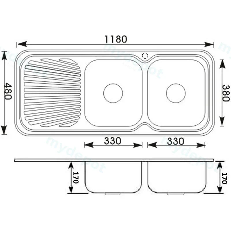 Cora Double Bowl Single Drainer Sink Abovemount One Tap Hole Right Hand Bowl 1180 x 480 x 170mm(304 Stainless Steel) view 2