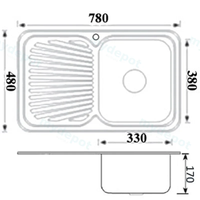 Cora Single Bowl Single Drainer Sink Abovemount One Tap Hole Right Hand Bowl 780 x 480 x 170mm(304 Stainless Steel) view 2