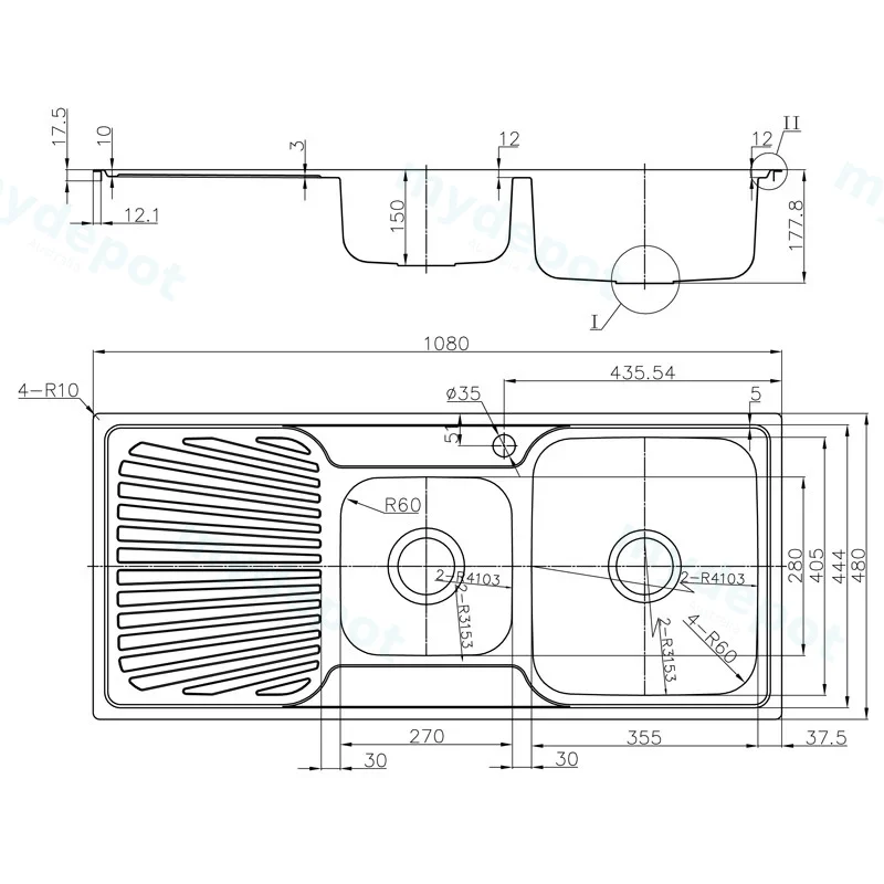 Otus 1 & 1/2 Bowl Single Drainer Sink Abovemount One Tap Hole Right Hand Bowl 1080 x 480 x178mm(304 Stainless Steel) view 2