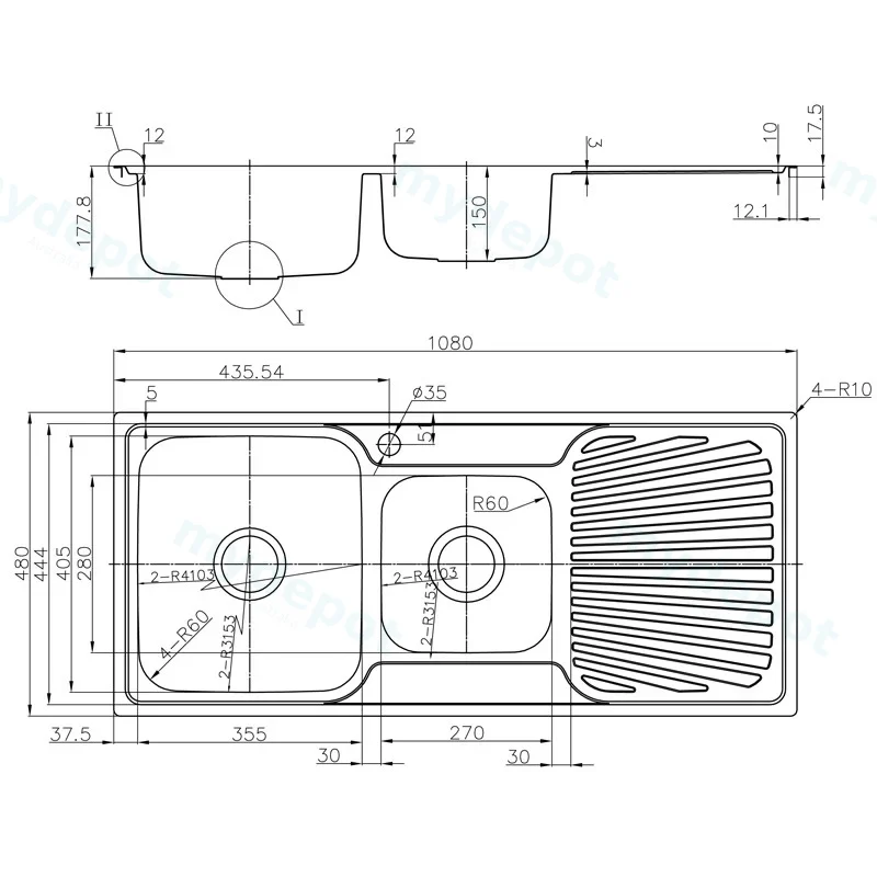 Otus 1 & 1/2 Bowl Single Drainer Sink Abovemount One Tap Hole Left Hand Bowl 1080 x 480 x178mm(304 Stainless Steel) view 2