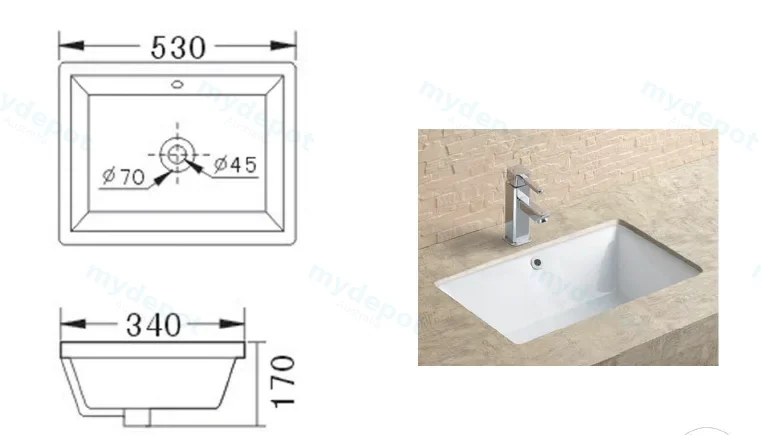 Eden Undermount Ceramic Rectangle Basin 530 x 340 x 170mm Gloss White view 2