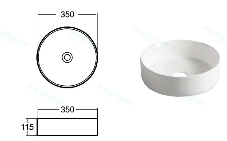 Otus Above Counter Round Basin No tap hole 335 x 335 x 120 mm Gloss White view 2