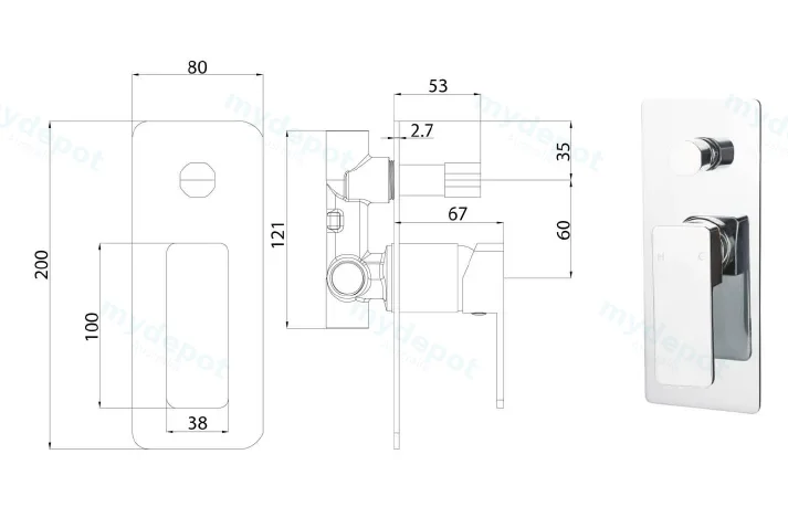 Ceram Wall Mixer with Diverter(Chrome) view 2
