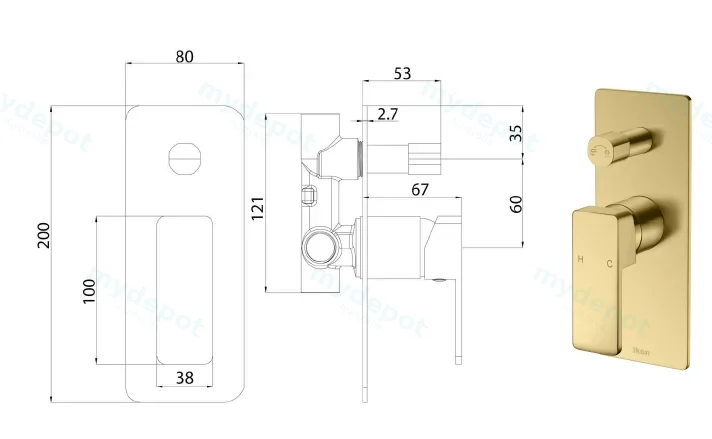 Ceram Wall Mixer with Diverter(Brushed Gold) view 2
