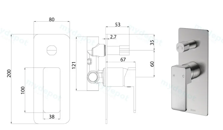 Ceram Wall Mixer with Diverter(Brushed Nickel) view 2