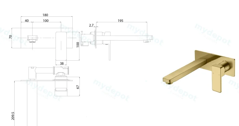 Ceram Wall Basin Mixer(Brushed Gold) view 2