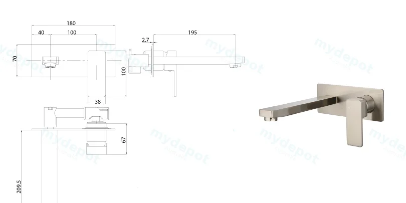 Ceram Wall Basin Mixer(Brushed Nickel) view 2