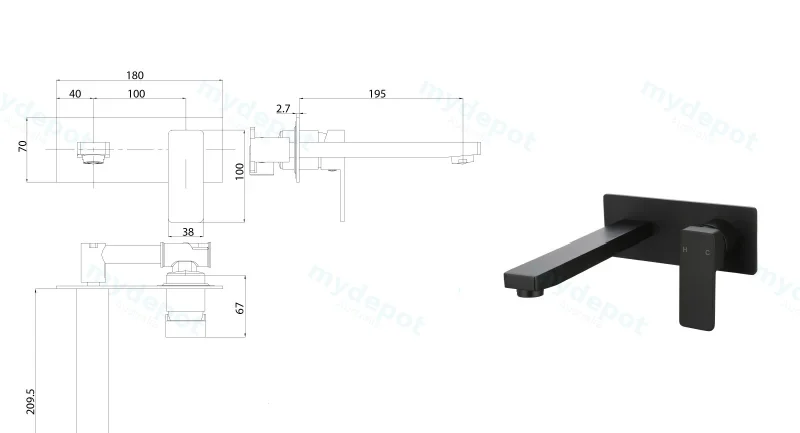 Ceram Wall Basin Mixer(Matt Black) view 2