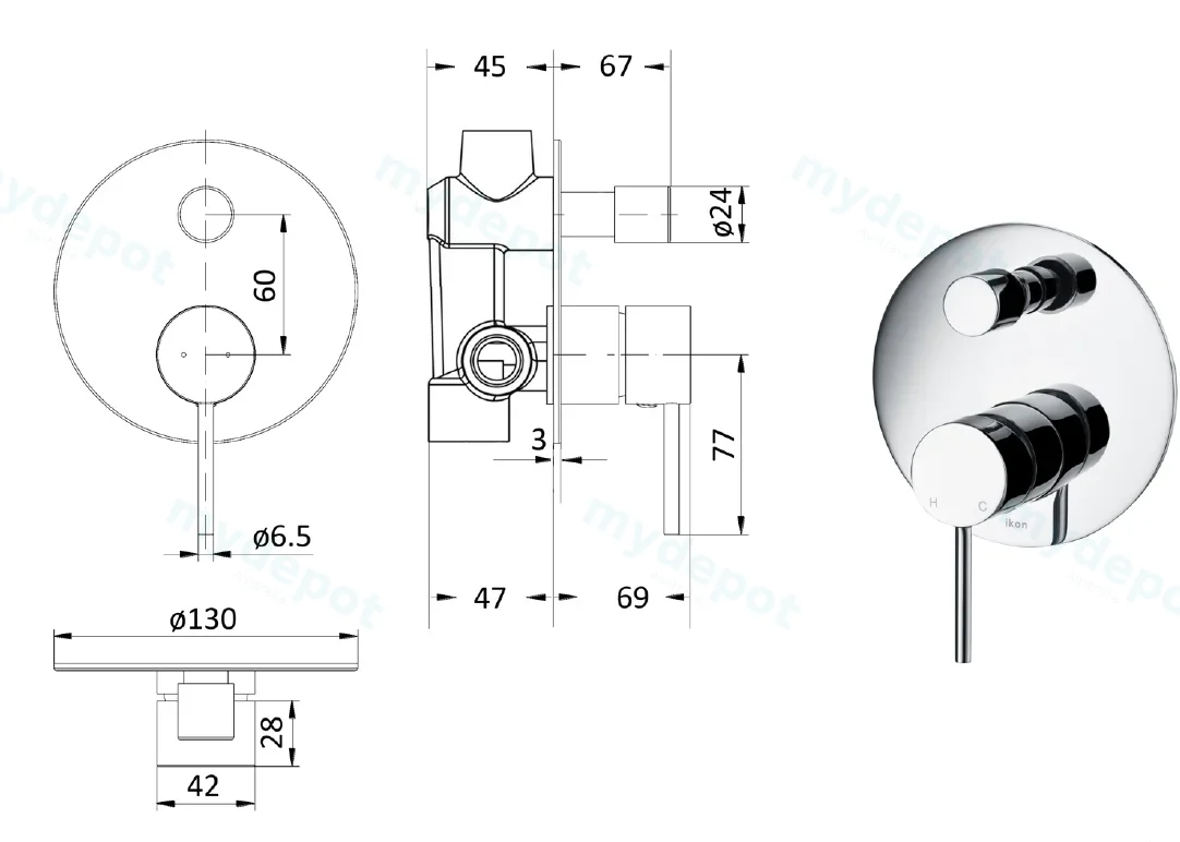 Hali Wall Mixer with Diverter(Chrome) view 2