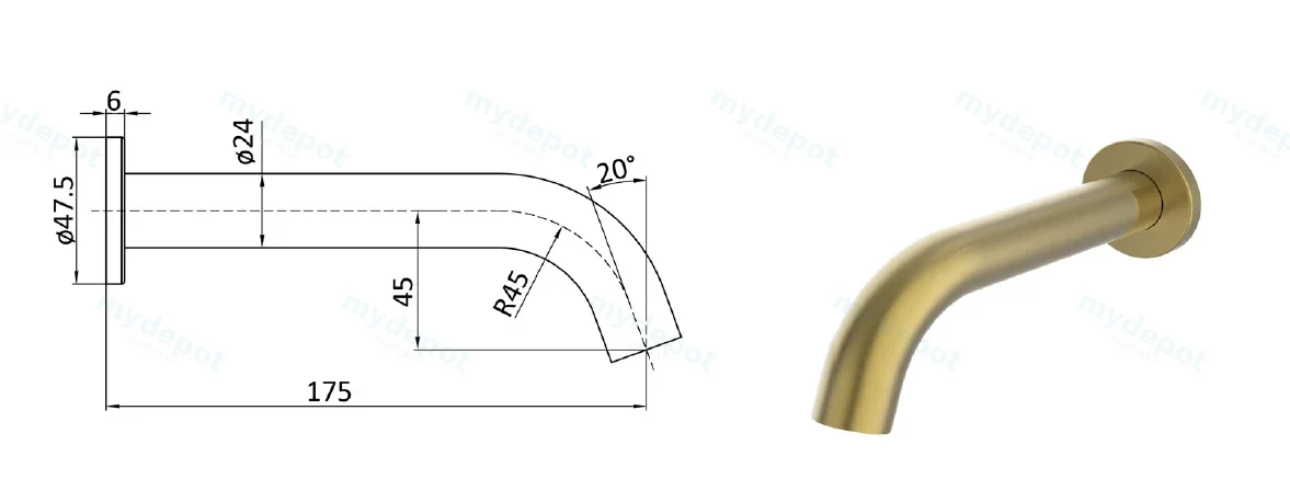 Hali Brushed Gold Curved Bath Spout Lead Free view 2