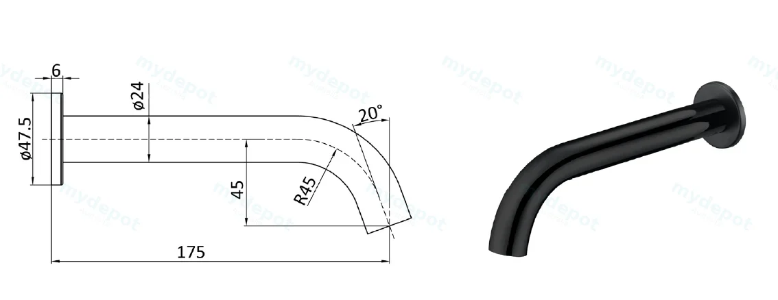 Hali Matt Black Curved Bath Spout Lead Free view 2