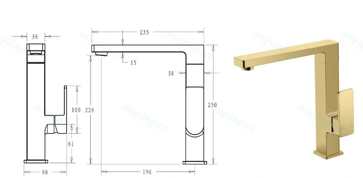 Ceram Sink Mixer(Brushed Gold) view 2