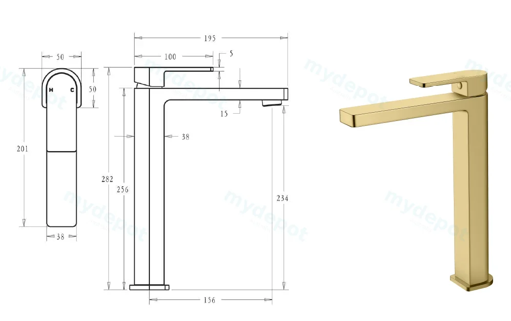 Flores High Rise Basin Mixer(Brushed Gold) view 2