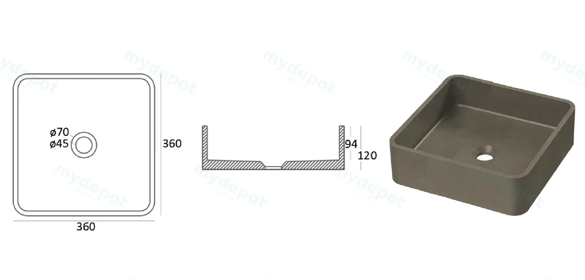 Zale Concrete Square Basin Grey 360 x 360 x 120 NTH(Dark Grey) view 2