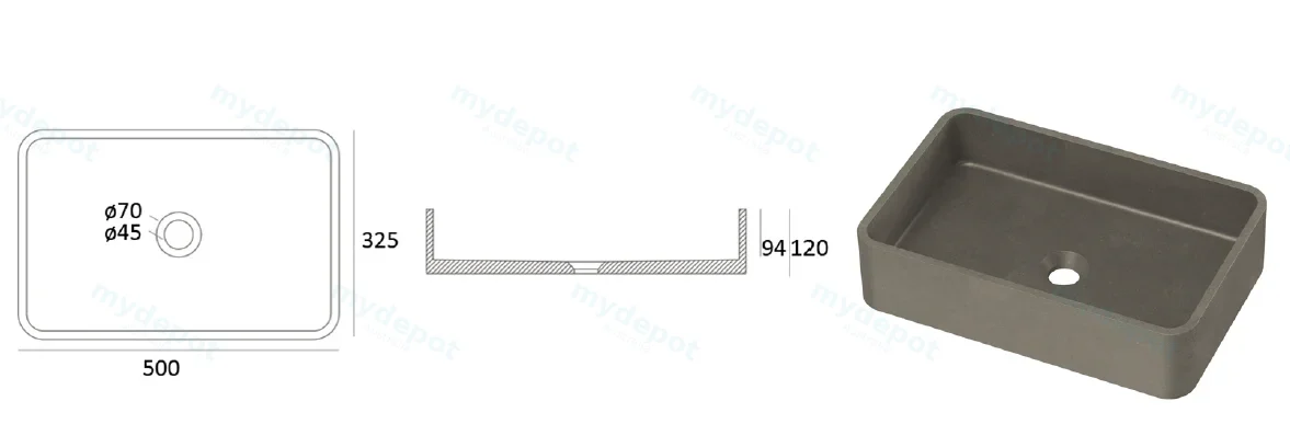 Zale Concrete Rectangle Basin Grey 500 x 350 x 120 NTH(Dark Grey) view 2