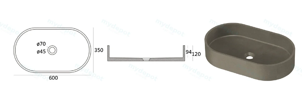 Zale Concrete Oval Basin Grey 600 x 350 x 120 NTH(Dark Grey) view 2