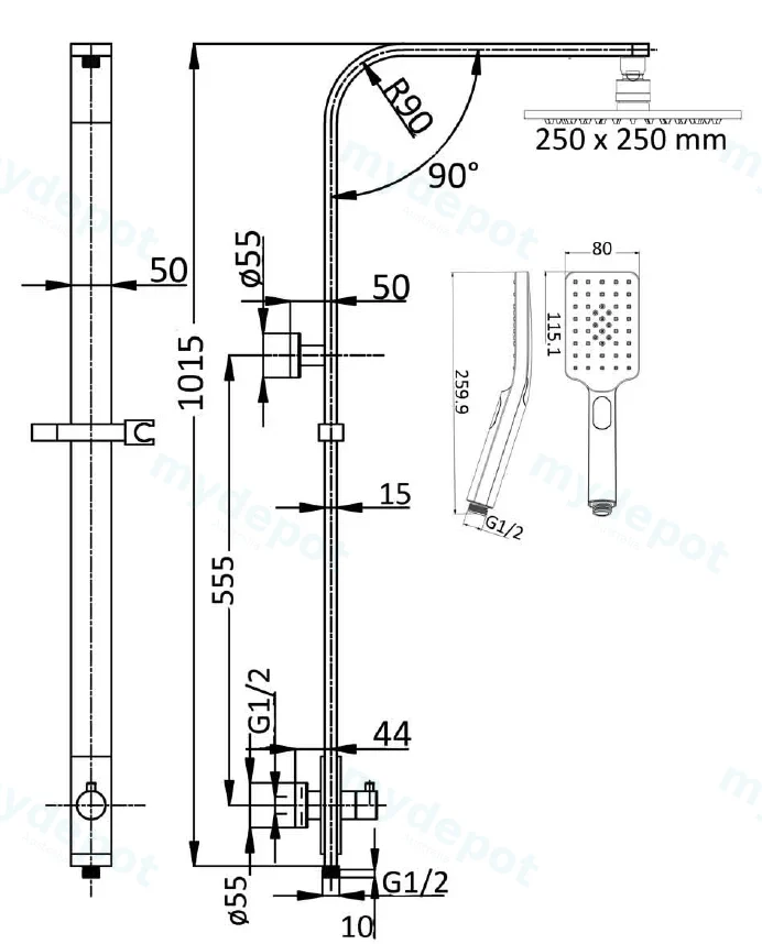 Seto Twin Shower Set Multifunction Square 250mm(Chrome) view 2