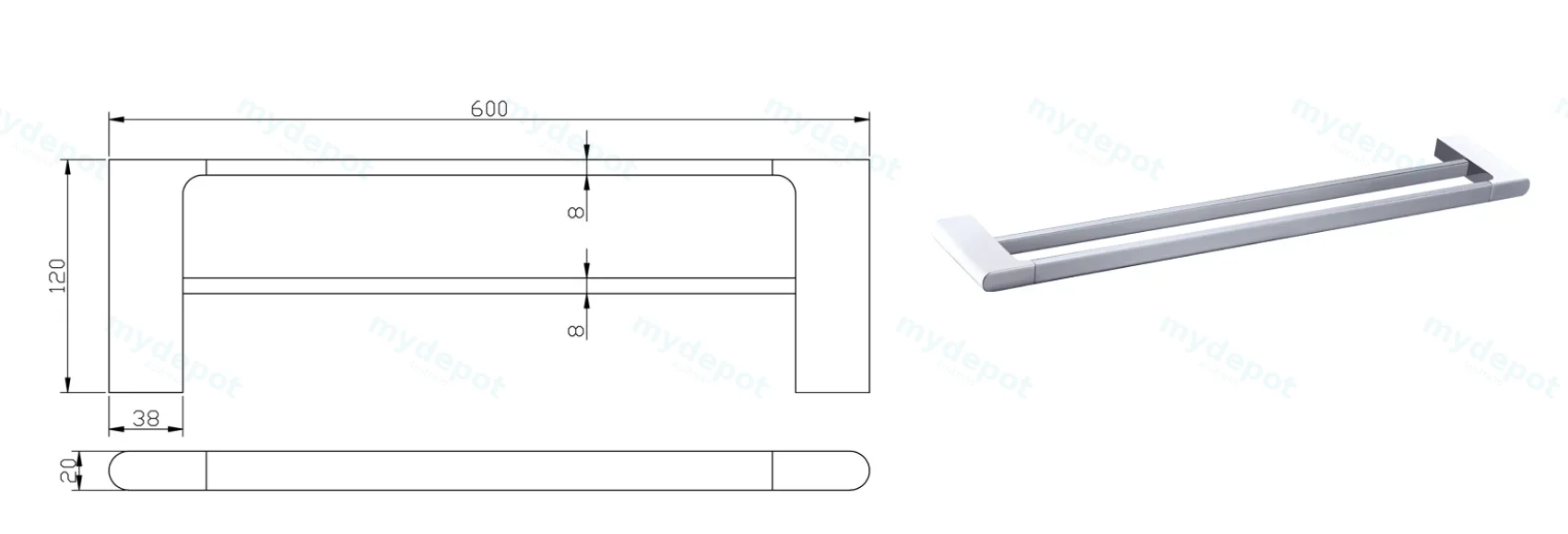 Cora Double Towel Rail 600 mm(Chrome) view 2