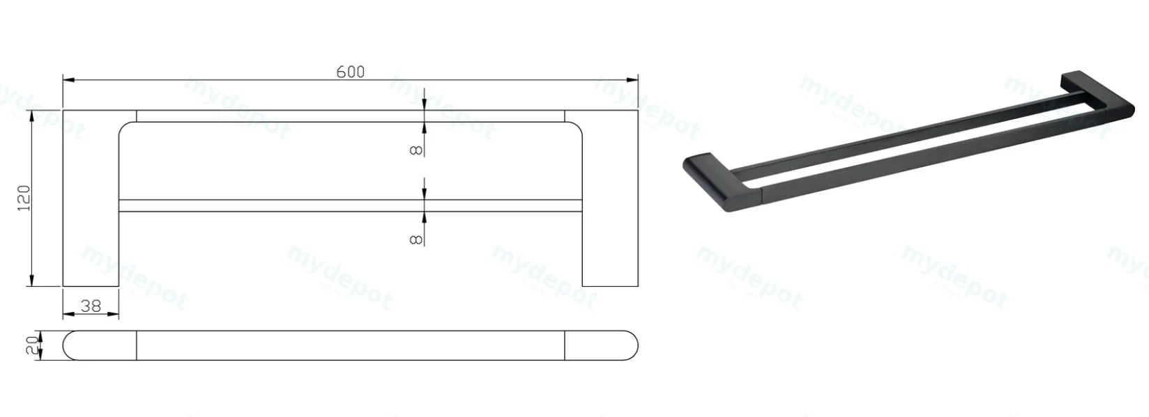 Cora Double Towel Rail 600 mm(Matt Black) view 2