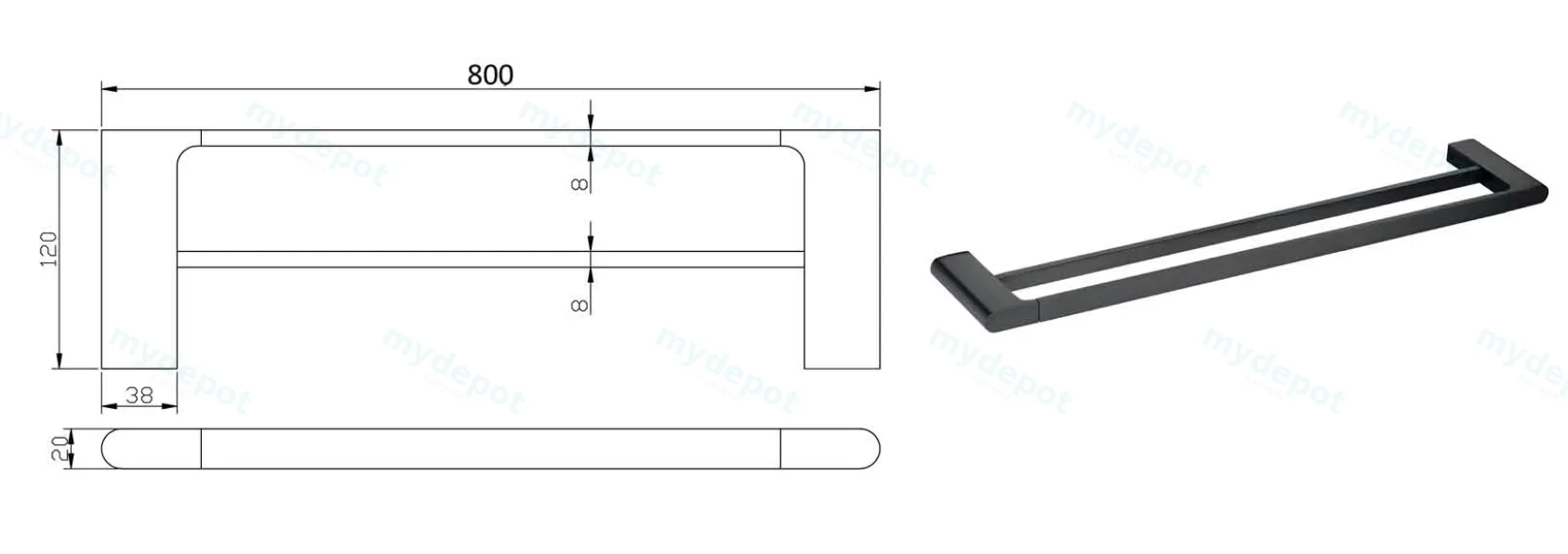 Cora Double Towel Rail 800 mm(Matt Black) view 2
