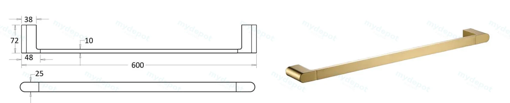 Flores Single Towel Rail 600 mm(Brushed Gold) view 2